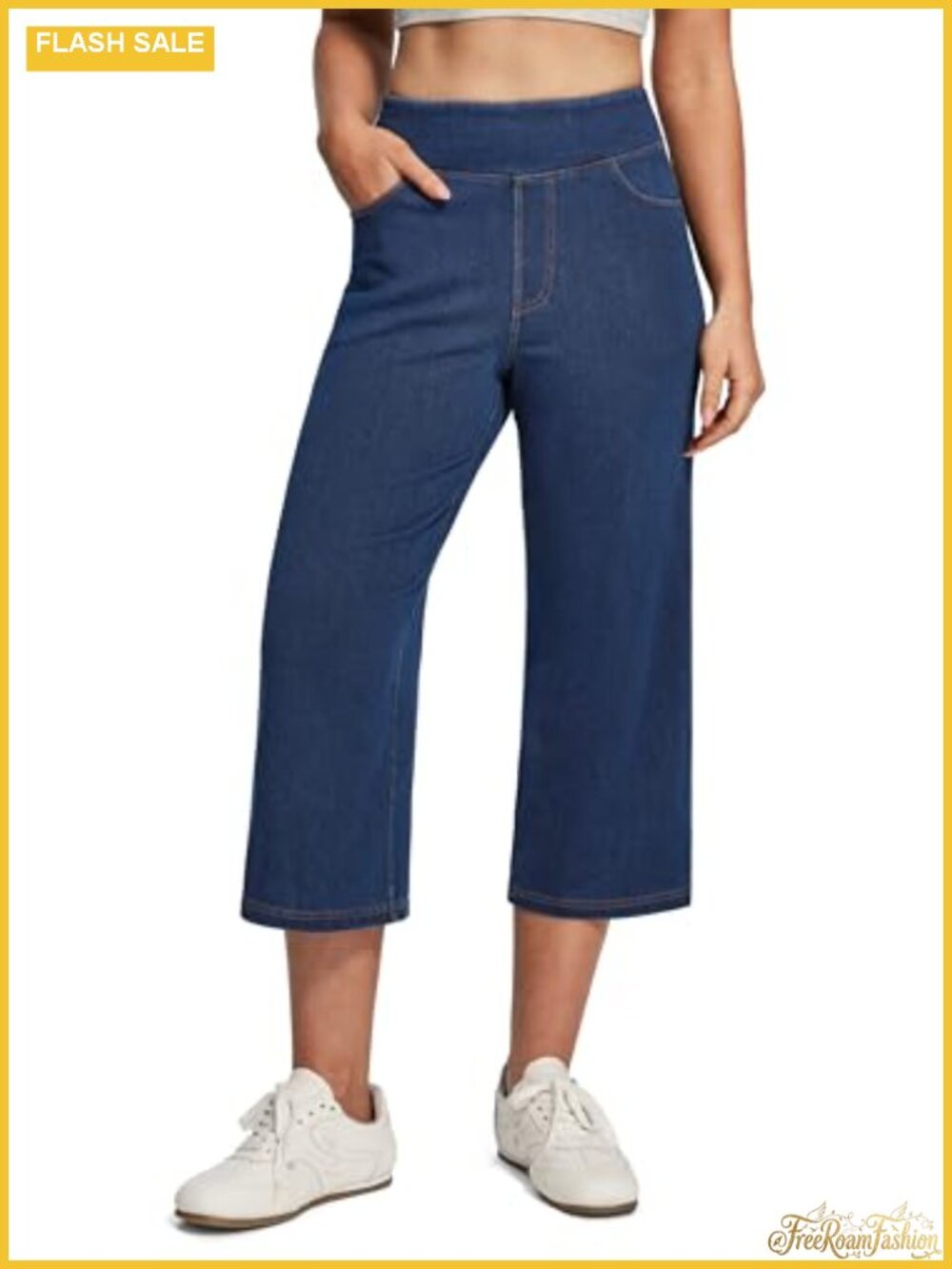 Stretchy Capri Jeans Pull On Tummy Control Wide Leg Denim Pockets